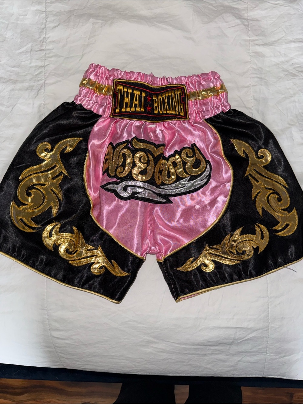 Thai Boxing Kids Satin Kickboxing Shorts - Pink & Black with Gold Accents